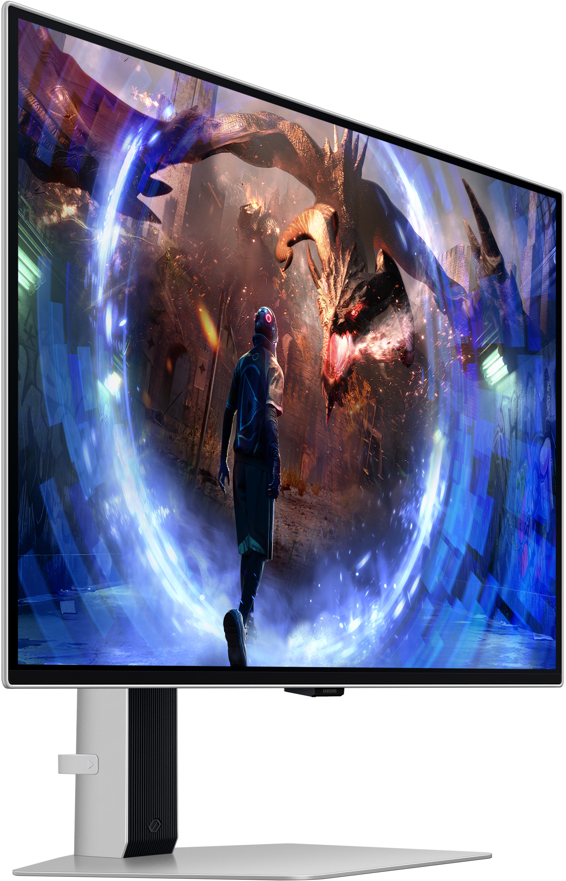 Moniteur avec une scène futuriste : personne face à un dragon dans un monde numérique.