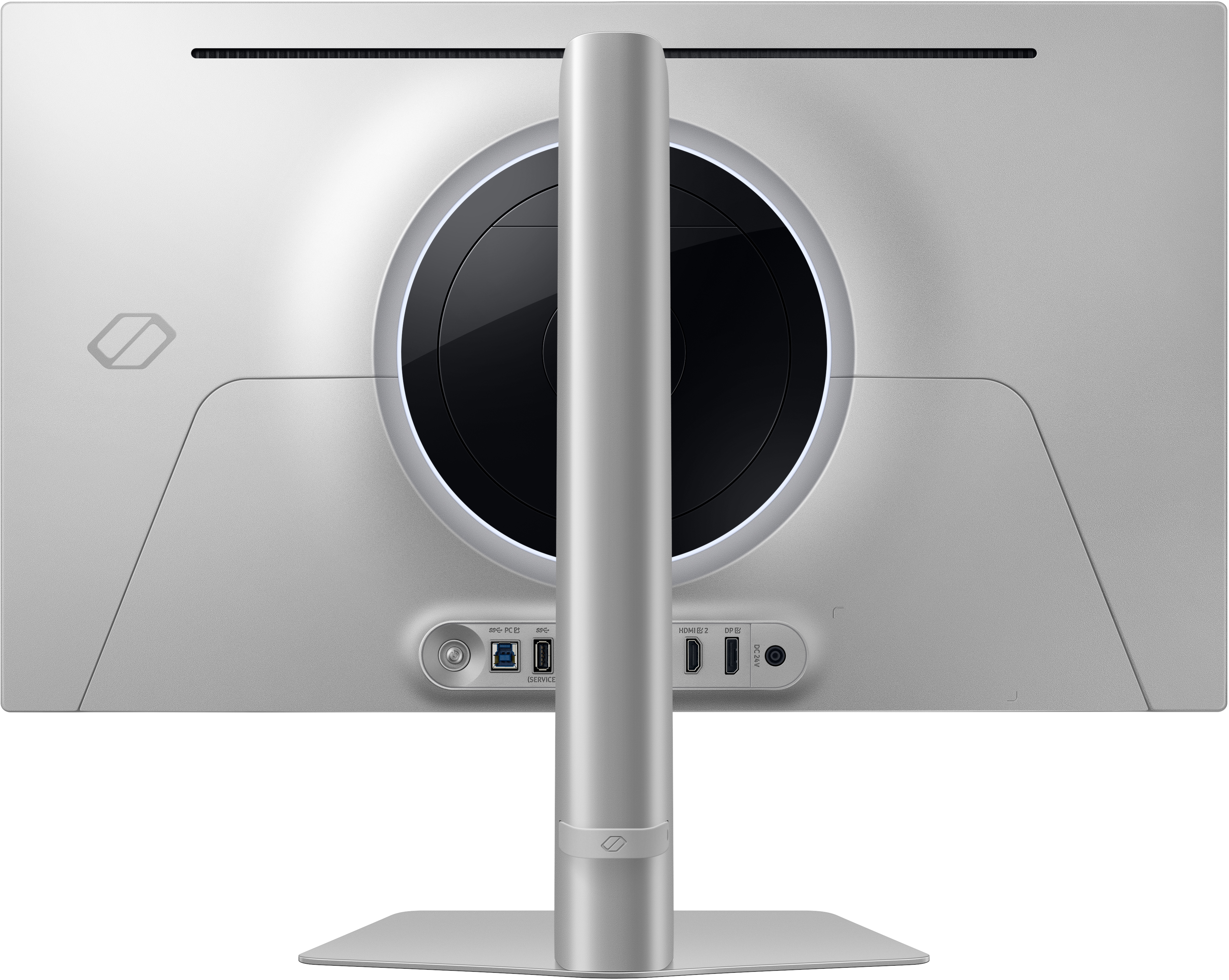 L'arrière d'un moniteur blanc avec des ports et des connexions. Il a un design circulaire et un support.