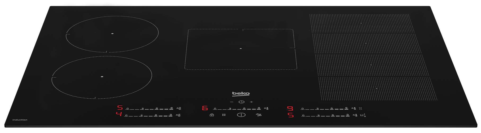 Czarna płyta indukcyjna z czterema strefami gotowania i cyfrowymi elementami sterującymi.