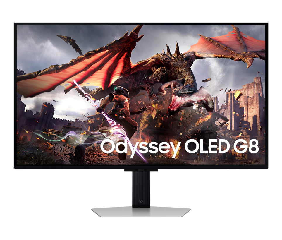 Samsung Odyssey OLED G8 Monitor mit Drachenszene. Schwarzer Rahmen und Ständer. Schwarzer Hintergrund.