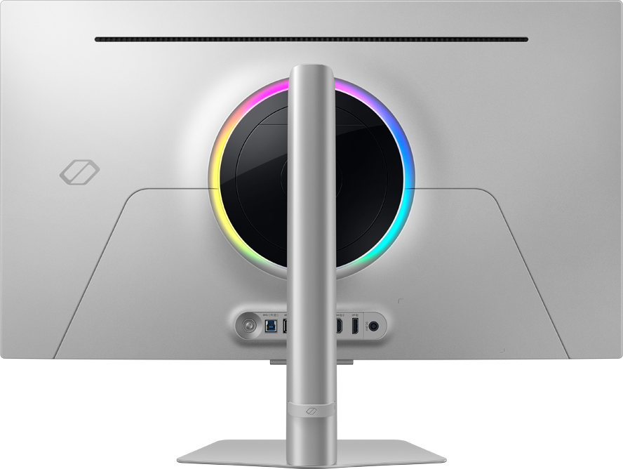 Rückseite eines weißen Monitors mit kreisförmigem RGB-Licht und Anschlüssen.
