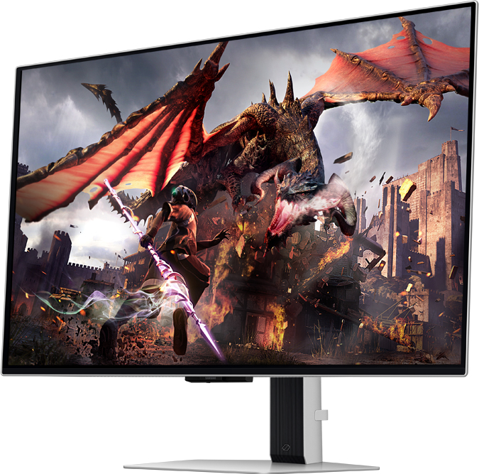 Gaming-Monitor, der eine Fantasieszene mit Drachen, Ritter und Burg anzeigt.