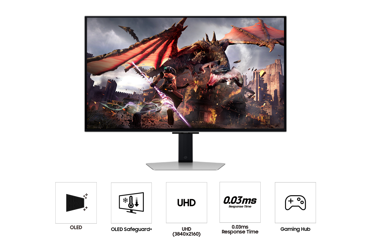 Gaming-Monitor mit einer Drachen- und Kriegerszene, mit OLED- und UHD-Symbolen.