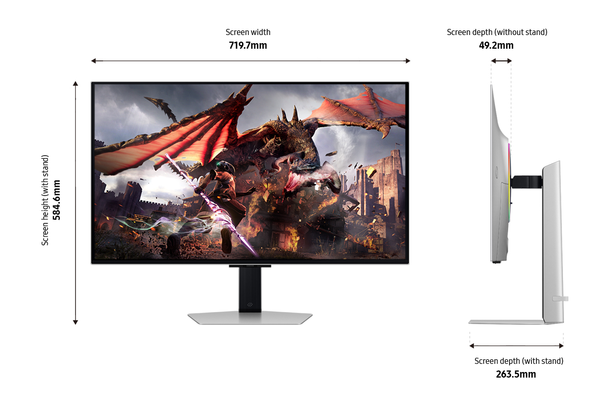Computermonitor mit Drachengrafik, zeigt Abmessungen und Ständerdetails.