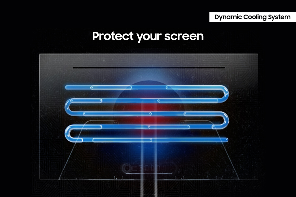 Diagramm, das einen Bildschirm mit einer blauen Kühlungsgrafik und den Worten 'Protect your screen' zeigt.