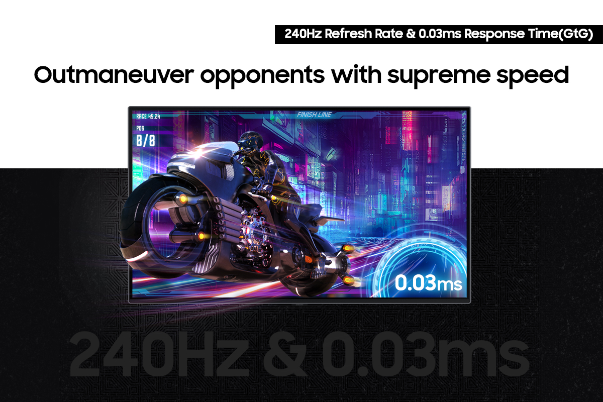 Ein futuristisches Motorrad-Rennspiel auf einem Monitor mit Spieltext.