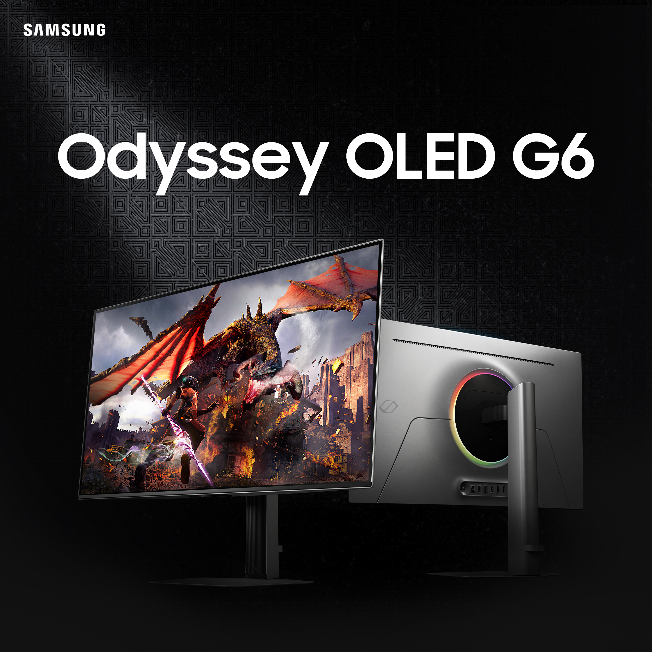 Ein Samsung Odyssey OLED G6 Monitor zeigt eine Spielszene mit einem Drachen und einem Krieger.