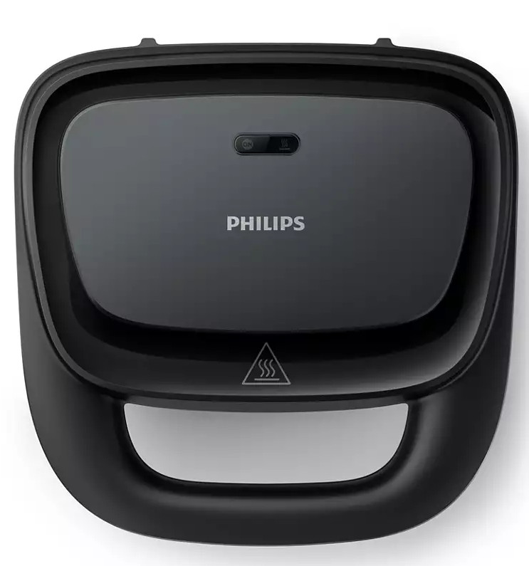 Czarny opiekacz do kanapek z uchwytem. Widok z góry. Logo Philips. Czerwony symbol ciepła.