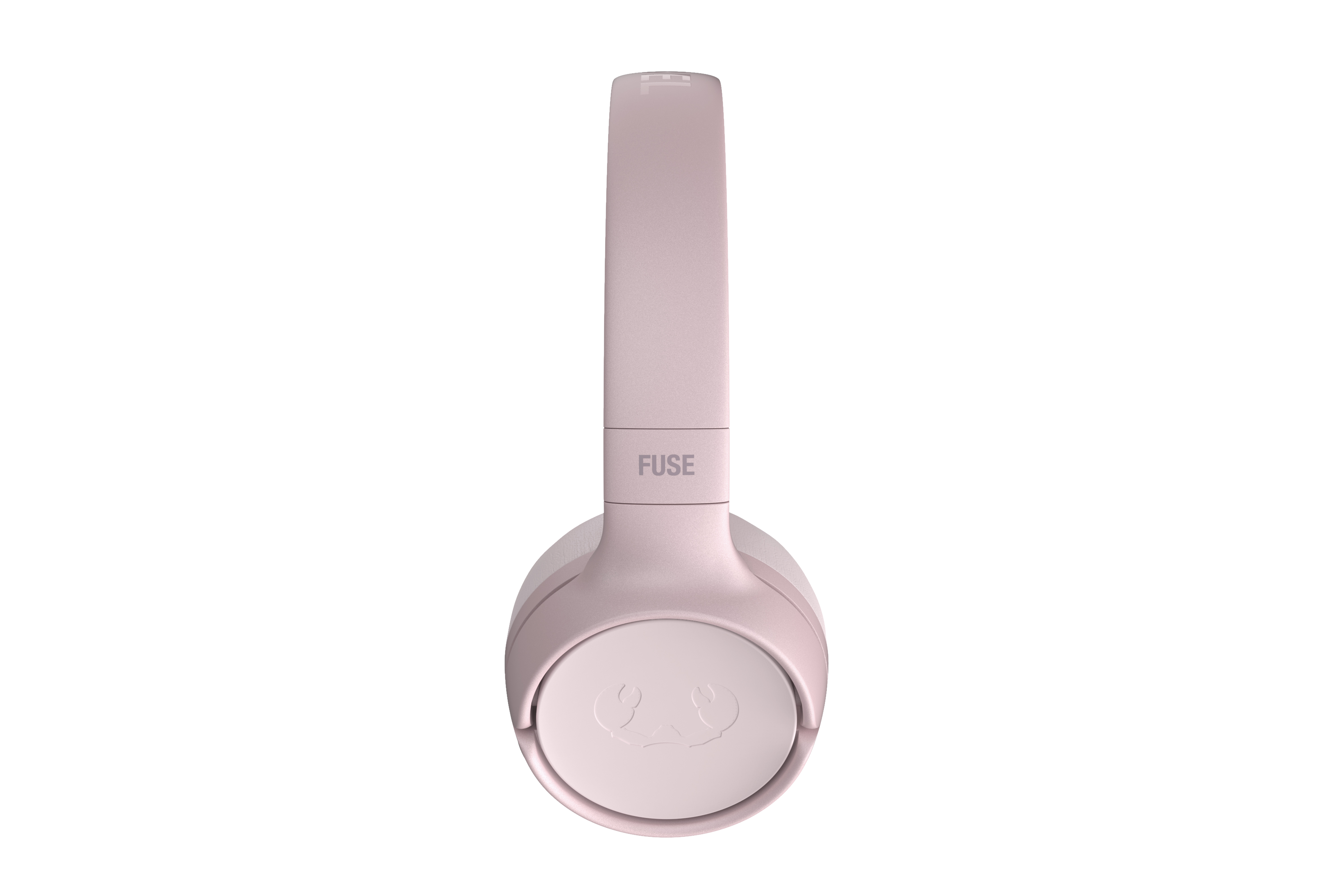 'FUSE' yazılı pembe bir kulaklık, beyaz bir arka plan üzerinde yan taraftan gösteriliyor.