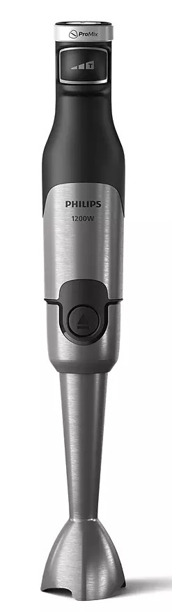 Srebrno-czarny blender ręczny Philips. Ma etykietę ProMix i moc 1200W.
