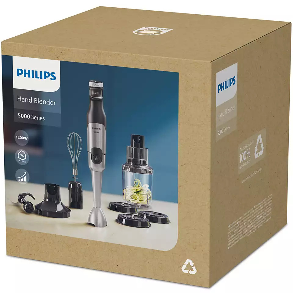 Brązowe pudełko blendera ręcznego Philips z akcesoriami na białej powierzchni.