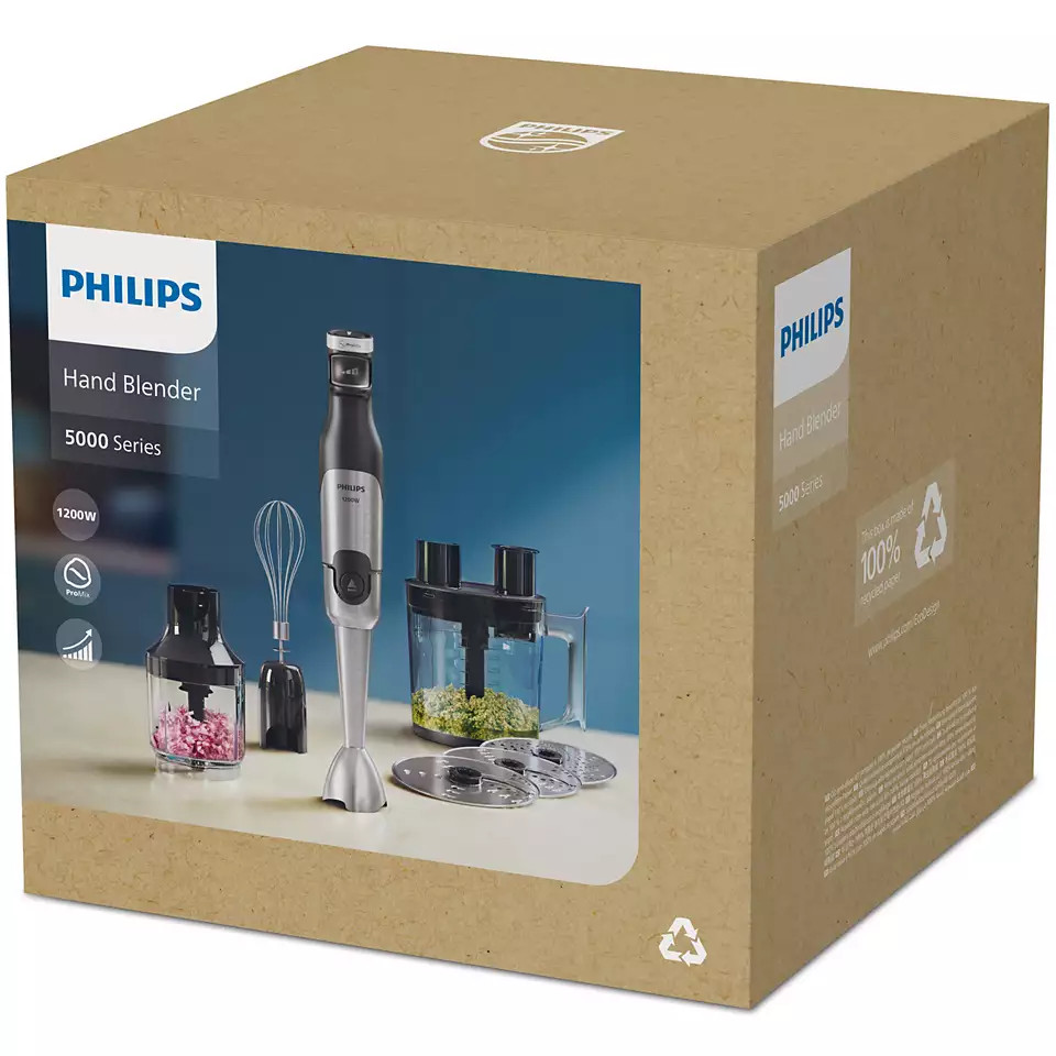 Kartonowe pudełko zawierające blender ręczny Philips z akcesoriami.