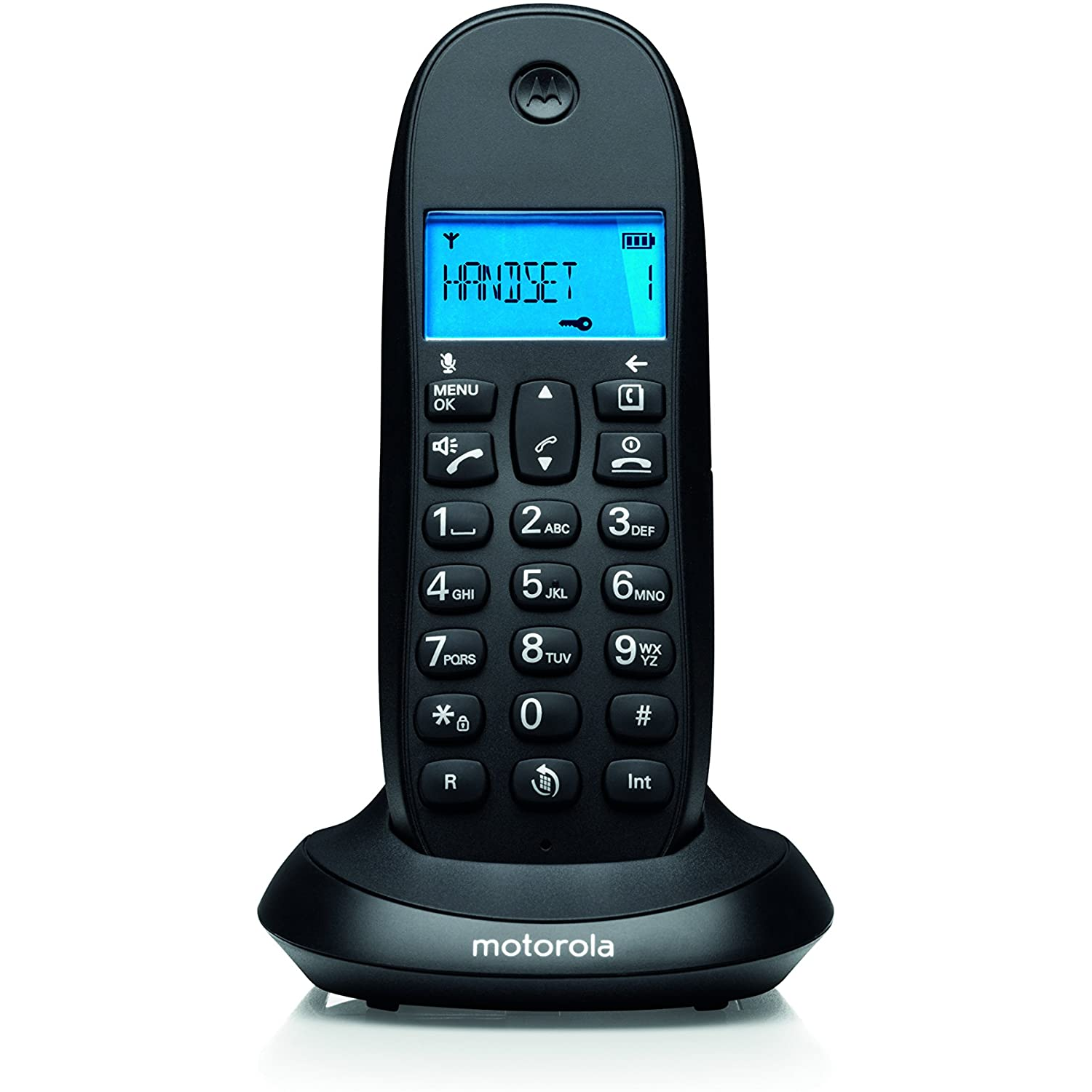 Black Motorola cordless phone with base. Handset shows 'HANDSET'. Buttons for various functions are visible.