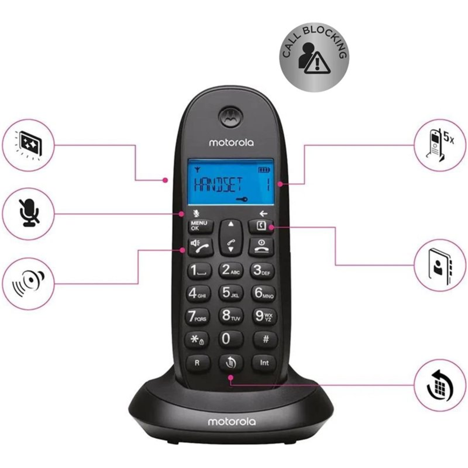 A black Motorola landline phone with a blue screen and various buttons. A call blocking icon is visible.