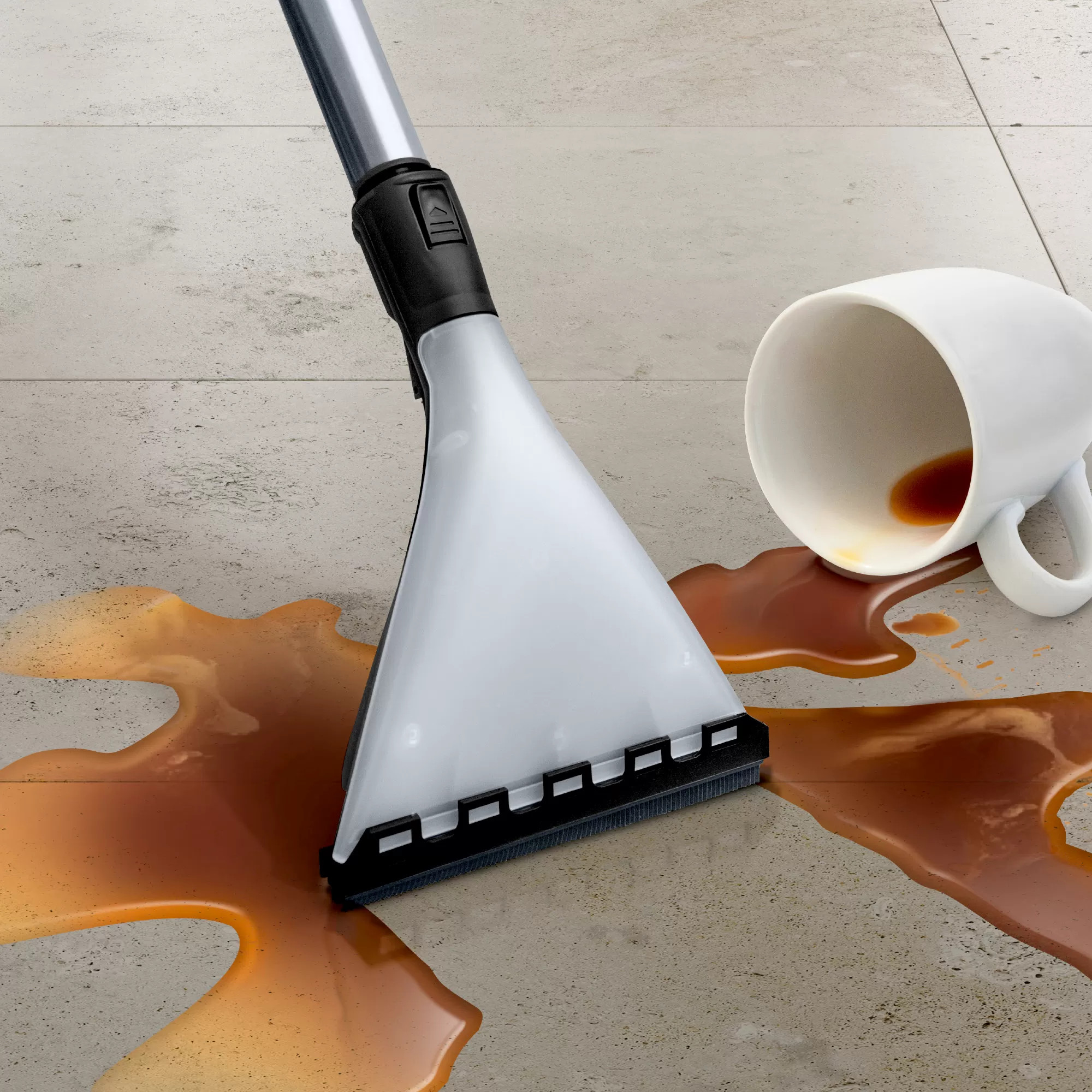 Narzędzie czyszczące usuwające rozlaną kawę z podłogi. Rozlana filiżanka.