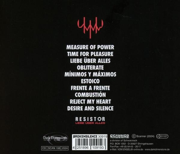 Album-Rückseite. Text listet Songtitel auf schwarzem Hintergrund auf. Der Text 'Broken Silence' ist vorhanden.