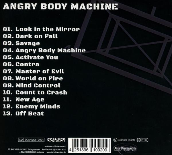 Die Rückseite einer Angry Body Machine CD mit Titelliste und Copyright-Informationen.