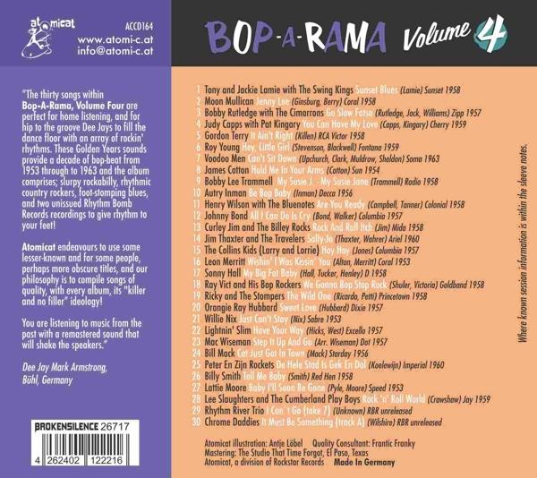 CD-Cover mit Text und Bildern. Titel 'Bop-A-Rama Volume 4'. Verschiedene Songs und Künstler aufgelistet.