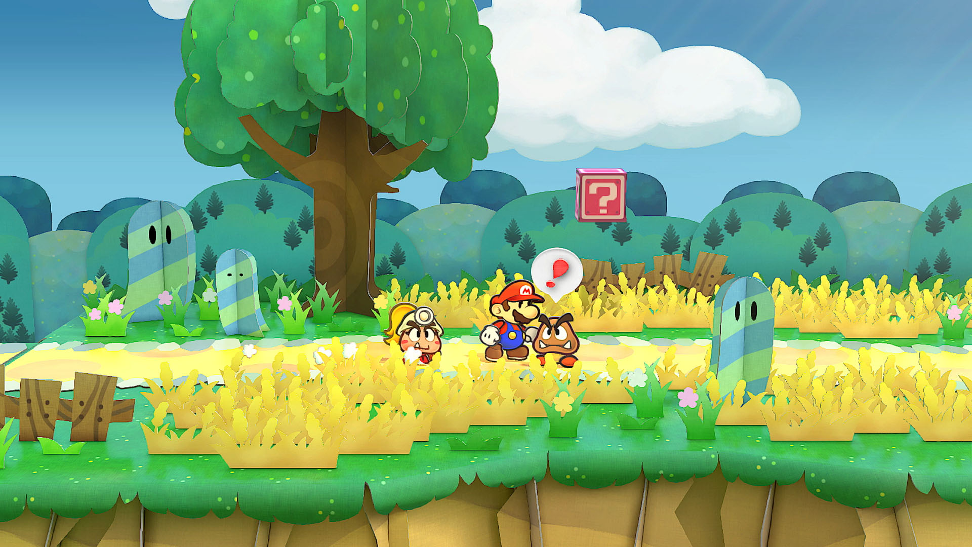 Mario, Luigi ve bir Goomba bir yolda yürüyor. Ağaçlar ve soru işareti bloğu ile kağıt benzeri bir ortam.