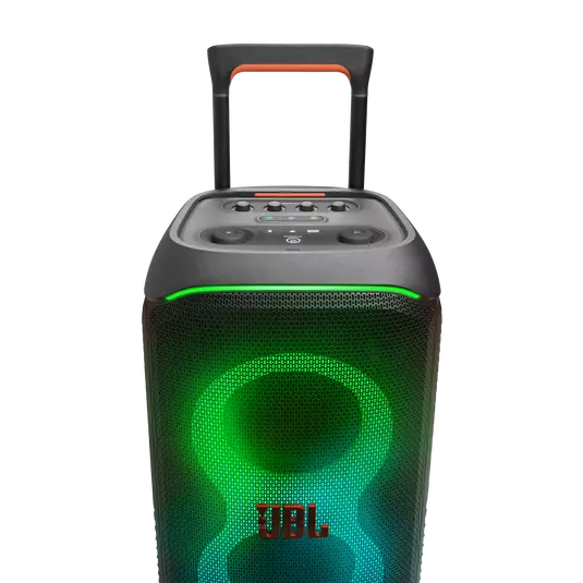 Üstünde ışıkları, tutacağı ve kontrol paneli olan JBL PartyBox hoparlör.