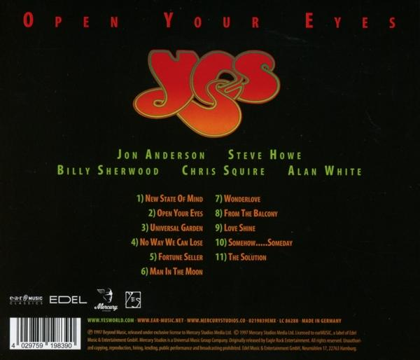 CD-Cover für Yes' Open Your Eyes-Album. Text und Titelliste sind sichtbar.