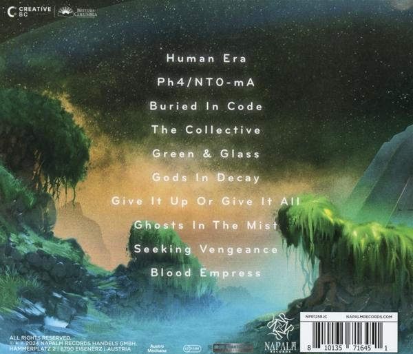 CD mit Songtiteln. Grüner und blauer Hintergrund. Napalm Records Logo.