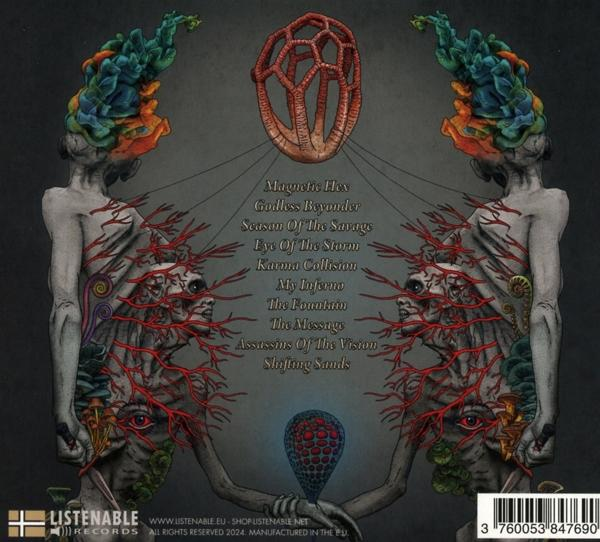 Zwei mystische Figuren mit roten Adern und bunten Köpfen, Albumtitel und Barcode.