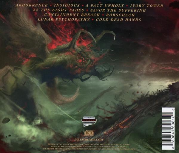 Albumcover-Artwork mit einer Illustration eines dunklen Monsters mit Text: Abhorrence, Insidious usw.