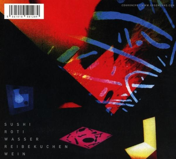 Abstraktes Albumcover mit geometrischen Formen und Text: Sushi, Roti, Wasser, etc.