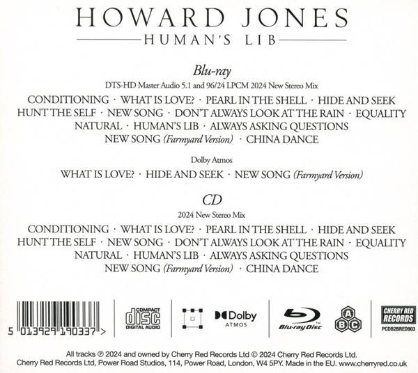 Rückseite des Albums "HOWARD JONES HUMAN'S LIB" mit Trackliste, Blu-ray- und CD-Details und Logos.