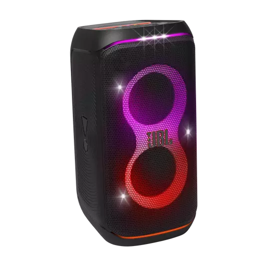 Siyah kasaya ve parlayan, renkli bir tasarıma sahip bir JBL hoparlör.