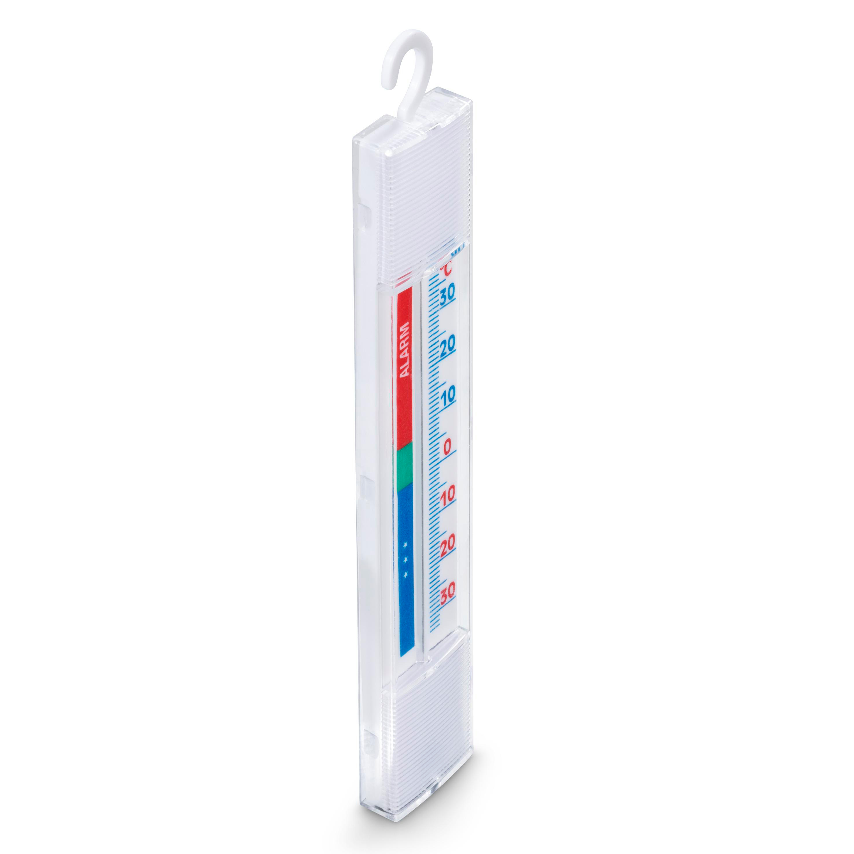 Klares Thermometer mit Skala und roten, grünen und blauen Abschnitten. Weißer Hintergrund.