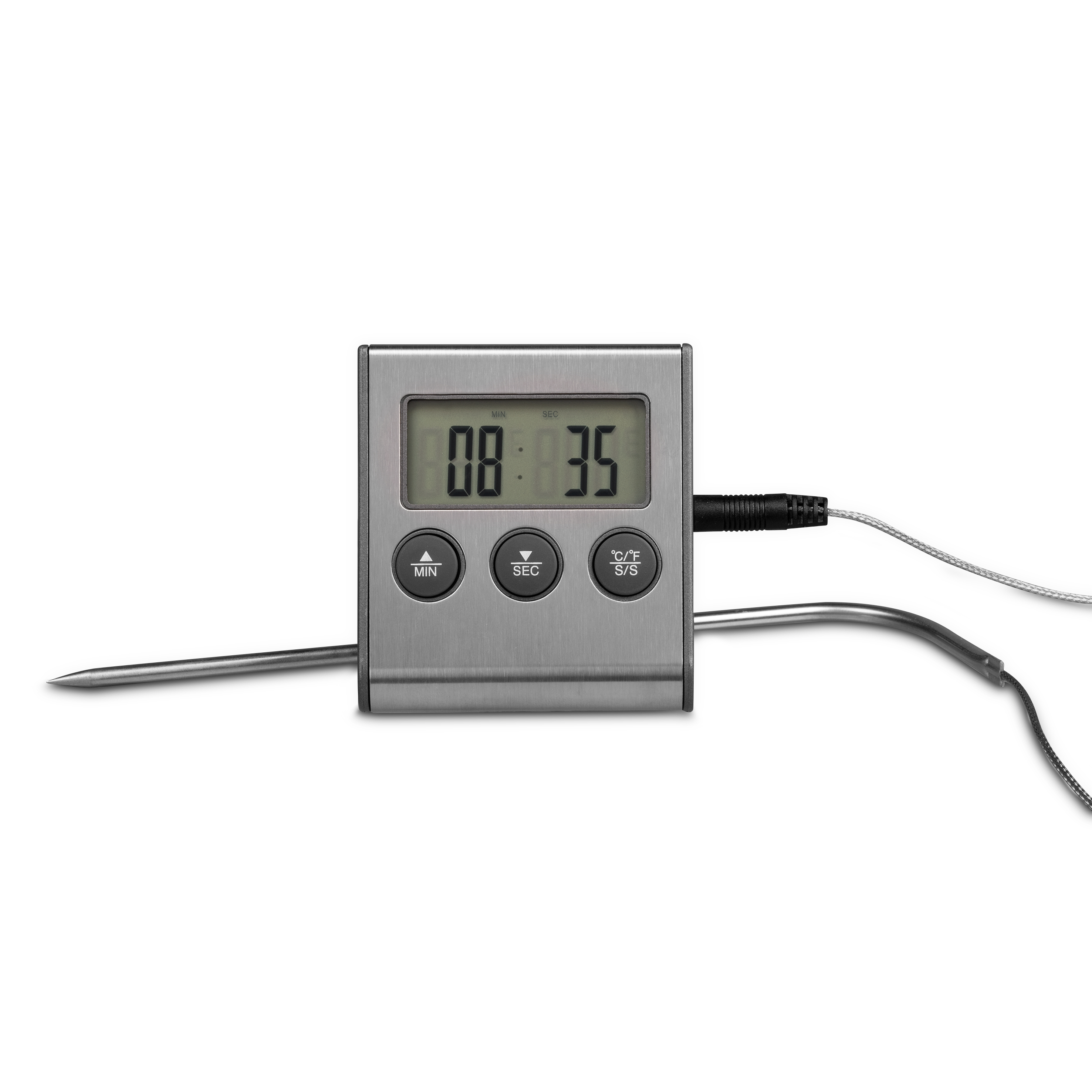 Digitales Fleischthermometer. Silbernes Gehäuse, Zeitanzeige und Sonde.