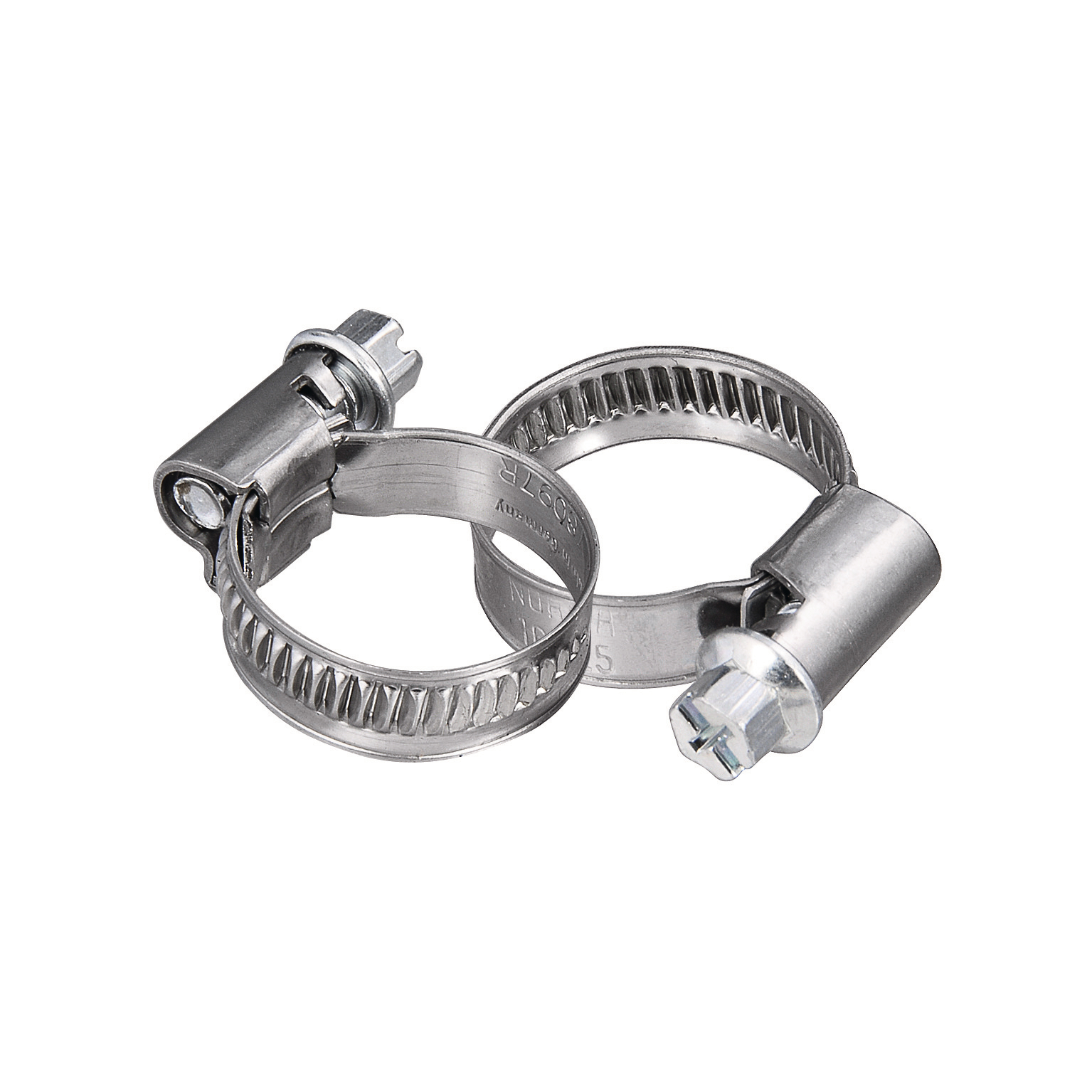 Zwei silberne Schlauchschellen, mit Fokus auf ihren verstellbaren Spannmechanismus.