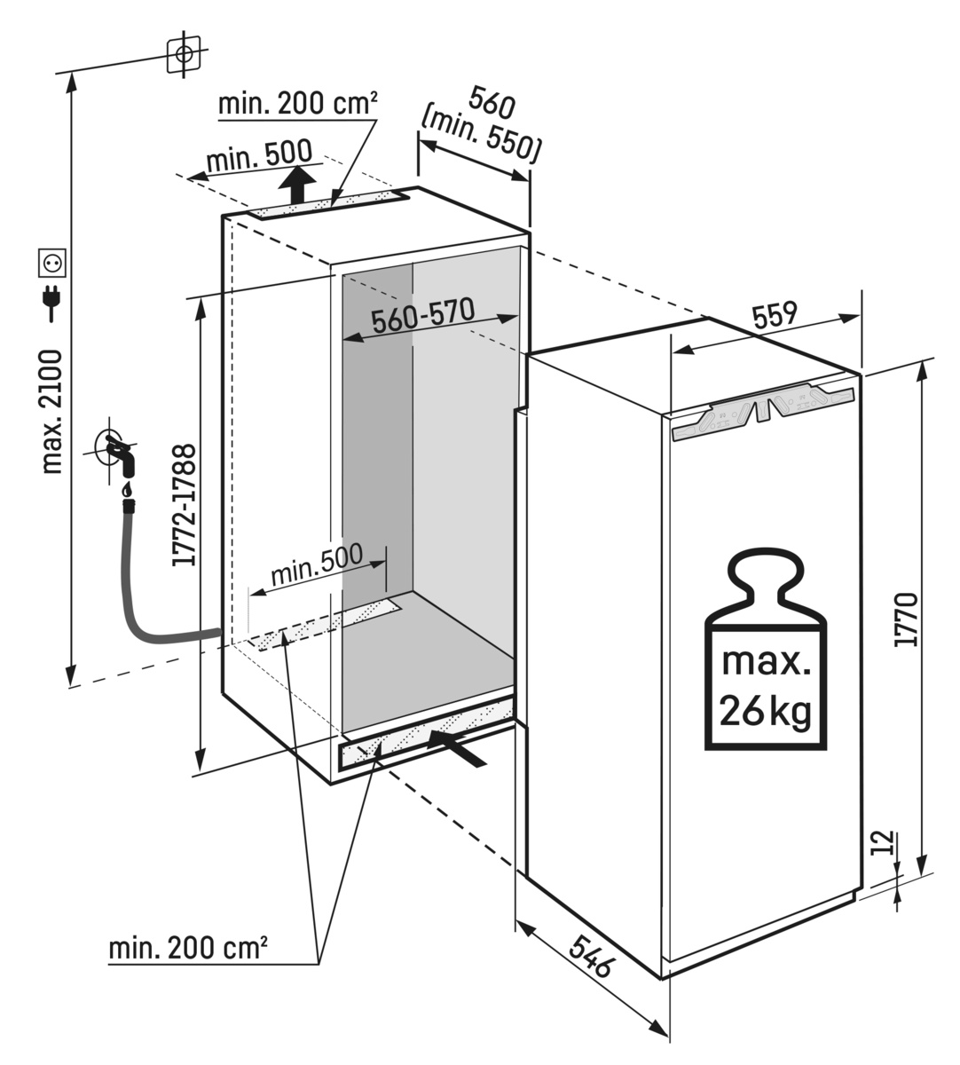 Diagramm mit Abmessungen eines Kühlschranks und dem für die Installation benötigten Platz.