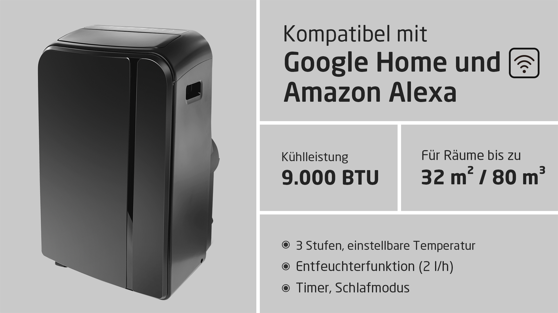 Schwarzer tragbarer Klimaanlage mit Text über Google Home und Alexa Kompatibilität und Spezifikationen.