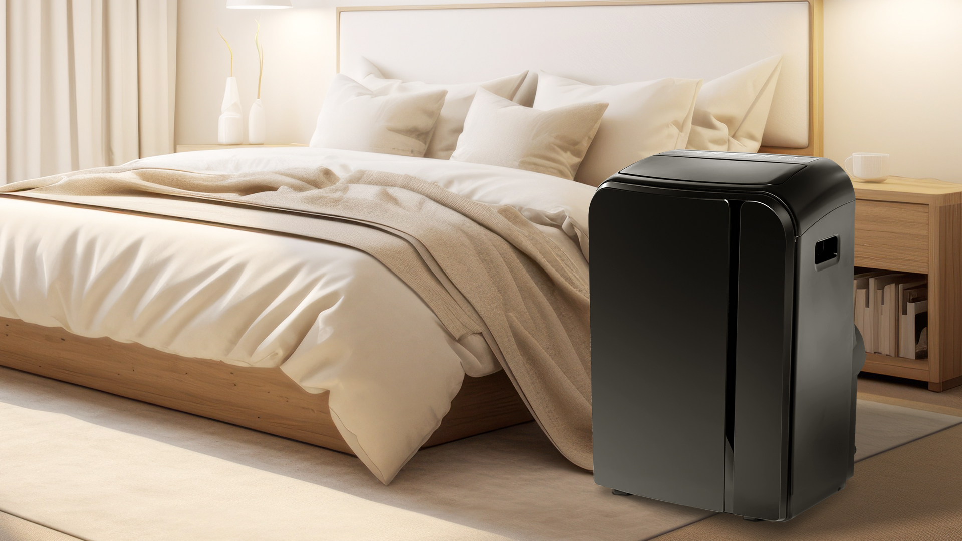 Ein schwarzer Klimaanlage steht neben einem Bett in einem Schlafzimmer. Der Raum hat hellfarbige Wände und einen Holzrahmen.
