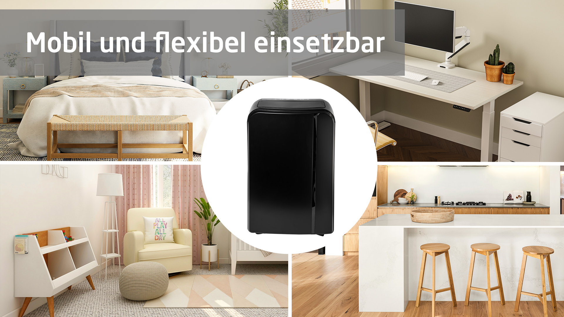Das Bild zeigt einen schwarzen Mini-Kühlschrank in einer häuslichen Umgebung.