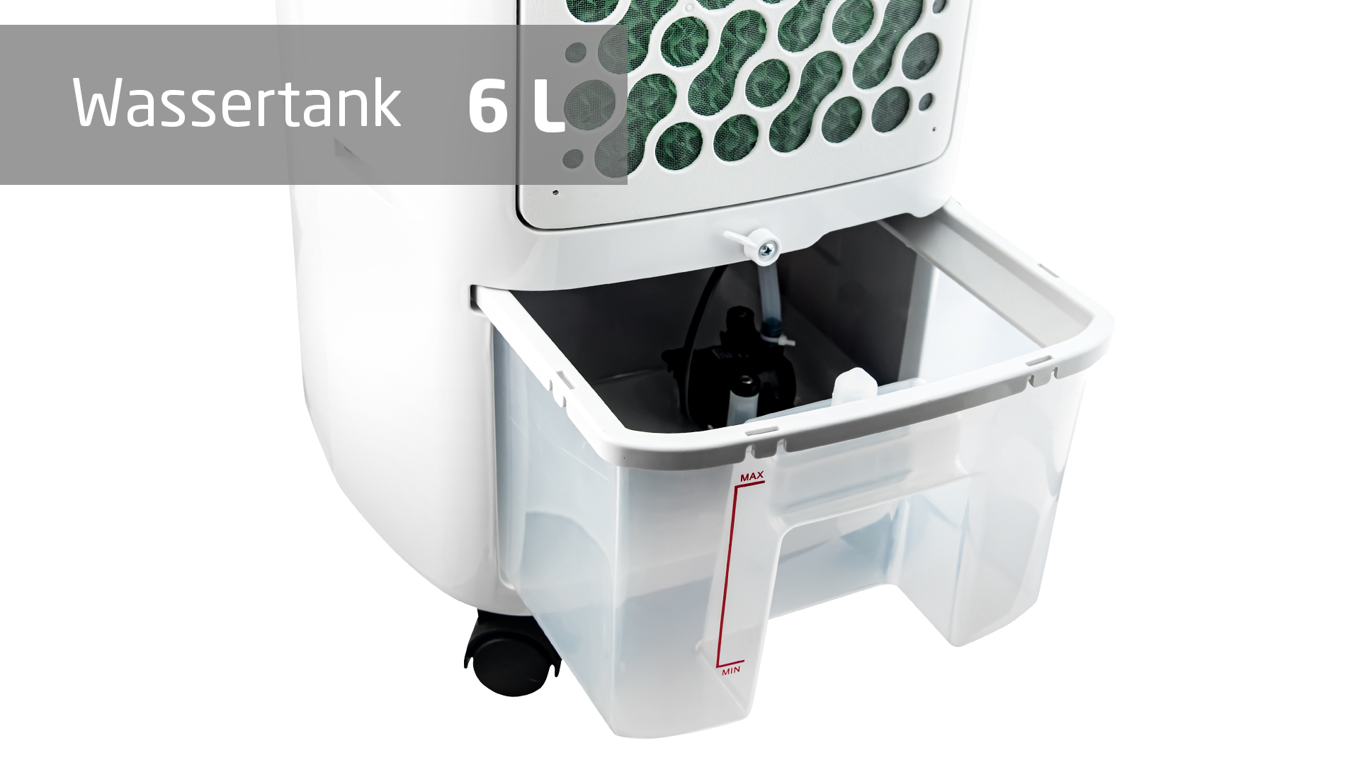 Weißes Gerät mit offenem Wassertank. Text: "6 L". Weißer Hintergrund.