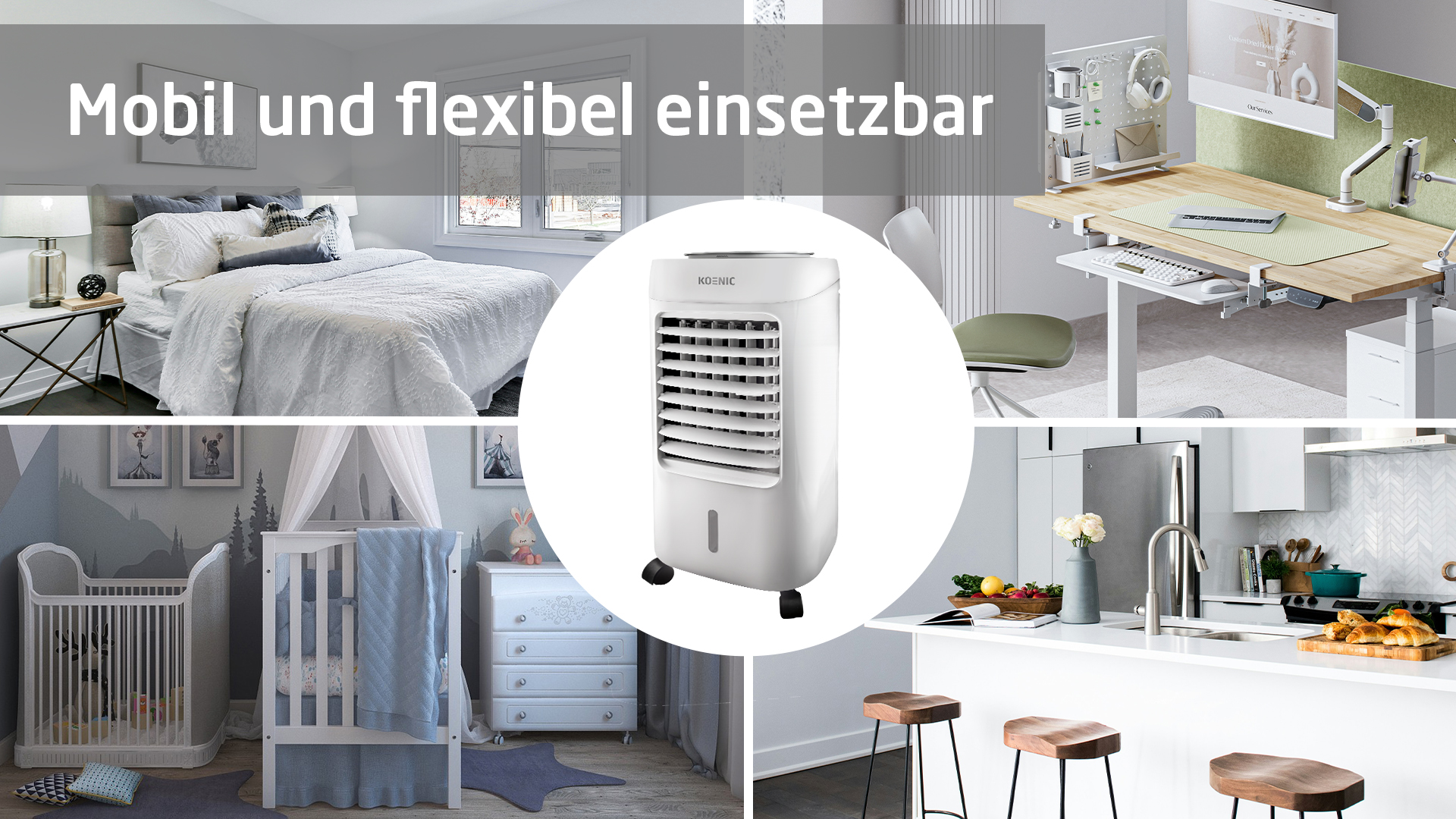 Collage von Räumen mit einem Luftkühler. Enthält ein Schlafzimmer, eine Küche und einen Büroraum.