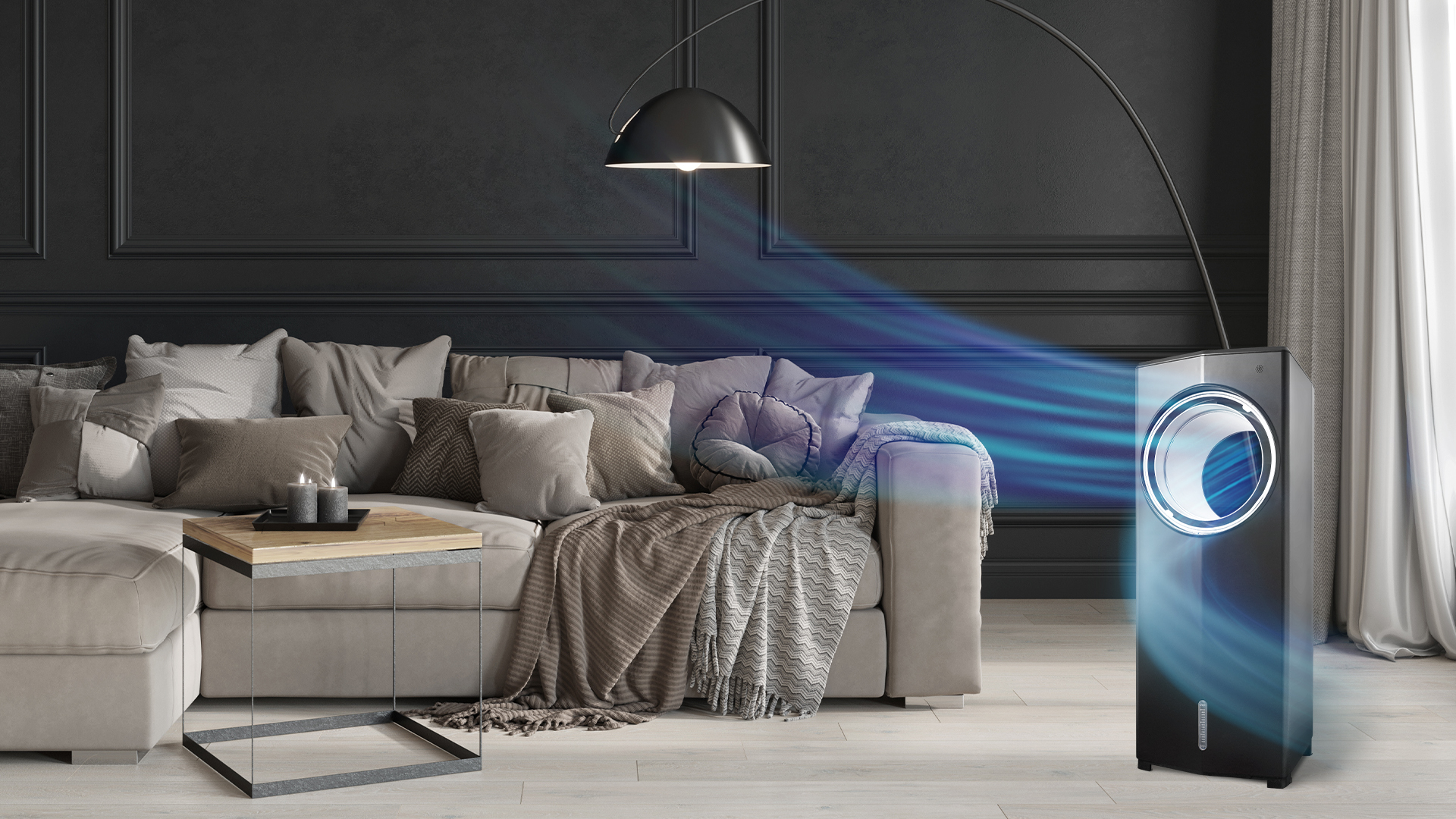 Wohnzimmer mit Sofa, Glastisch, modernem Luftkühler und Stehlampe.
