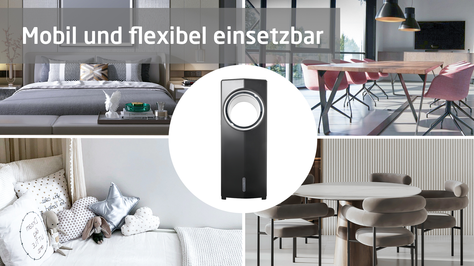 Ein schwarzer Luftkühler in verschiedenen Innenräumen, darunter Schlaf- und Wohnzimmer.