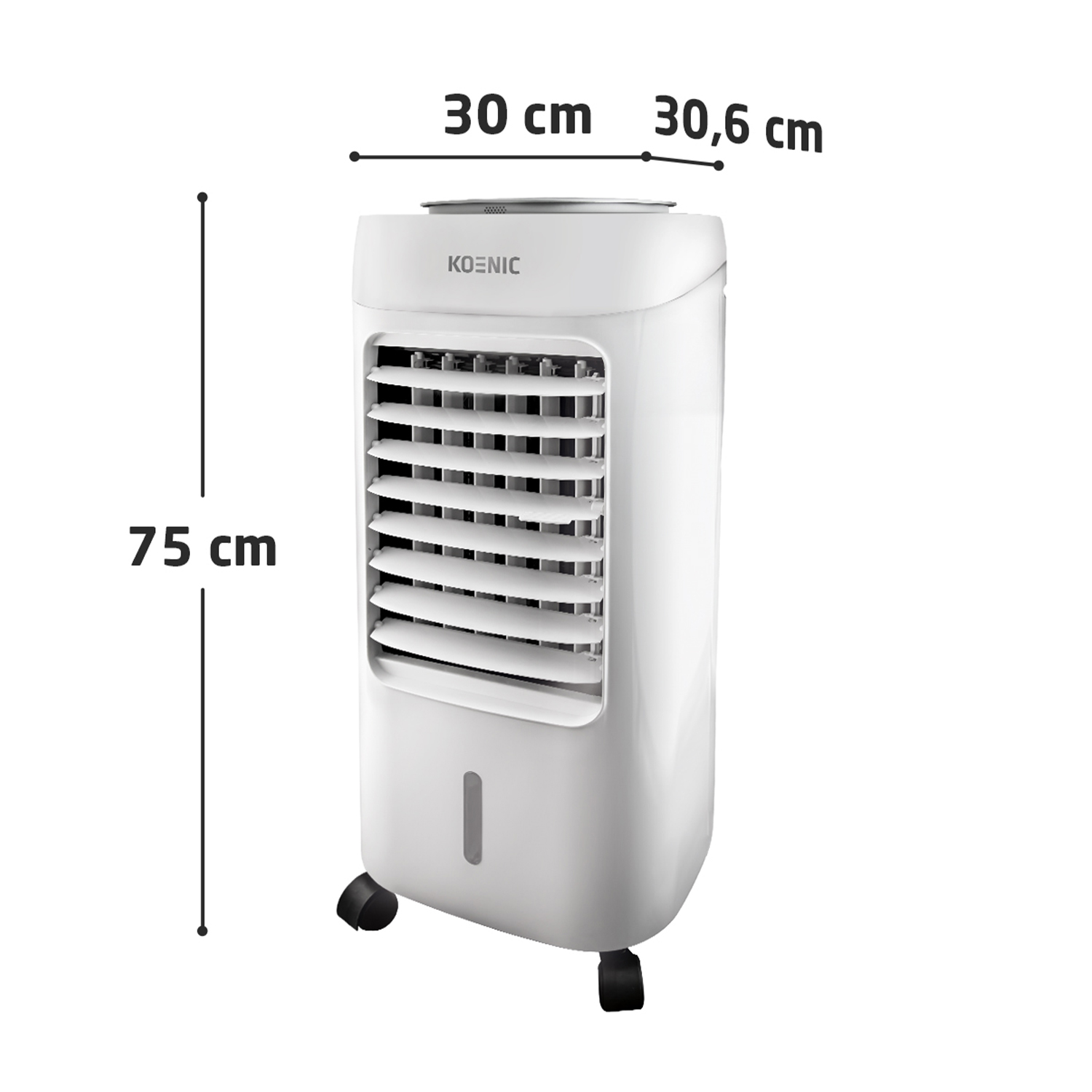 Un condizionatore d'aria bianco con dimensioni indicate: 75 cm di altezza, 30 cm e 30,6 cm di larghezza.