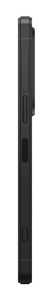 Czarny telefon widok z boku z przyciskami i aparatem.