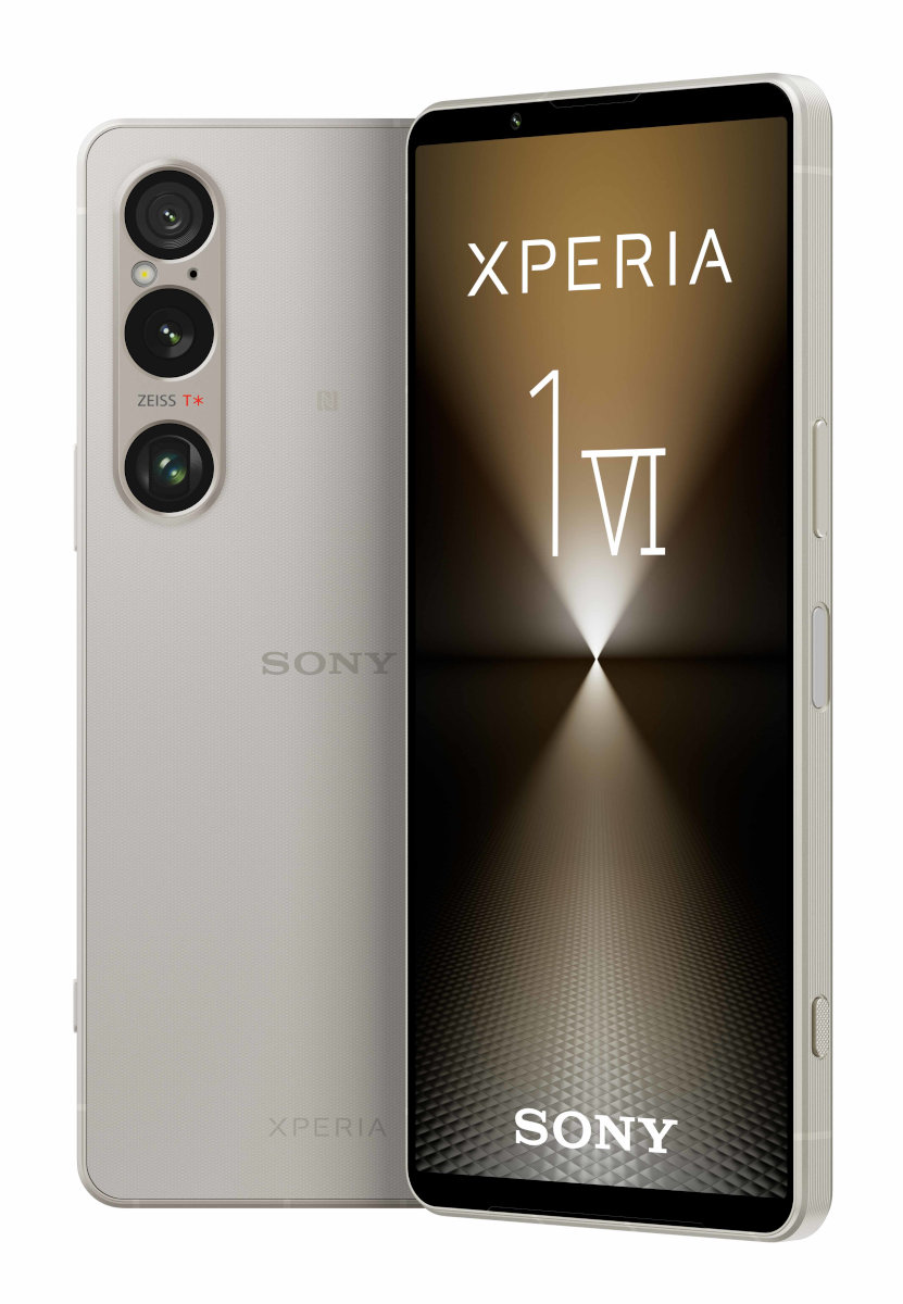 Srebrny telefon Sony Xperia 1 VI z dwoma aparatami z tyłu i tekstem na ekranie.