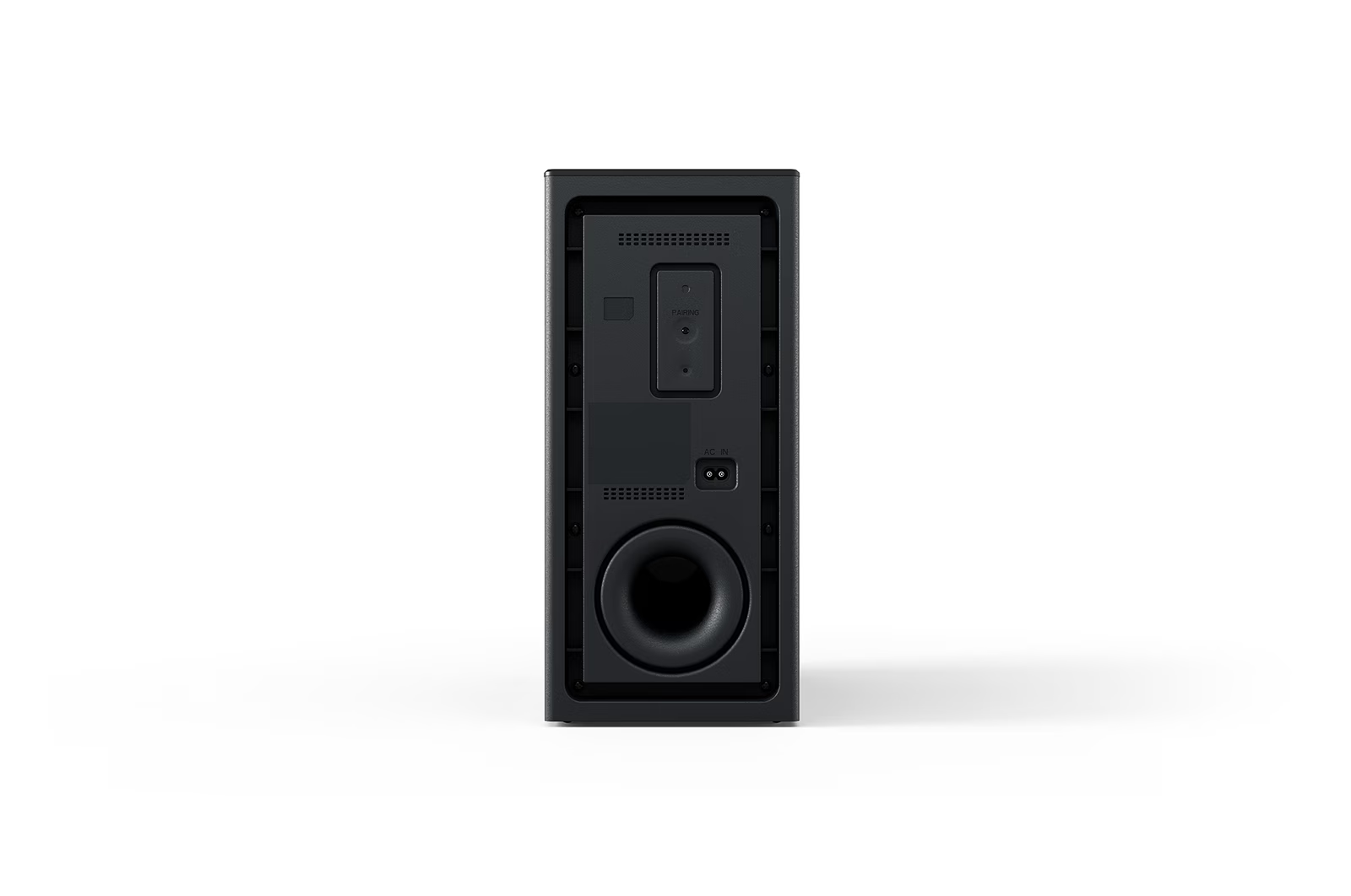 Schwarze Subwoofer-Lautsprecher-Rückansicht, mit großem kreisförmigen Anschluss und Bedienfeld.