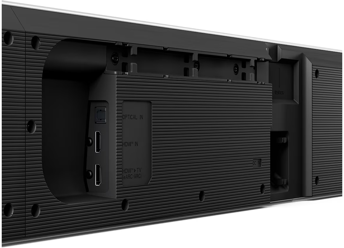 Rückseite der Soundbar mit Anschlüssen: optischer Eingang, HDMI-Eingang/ARC, DC-Eingang usw. Schwarzes Gehäuse.