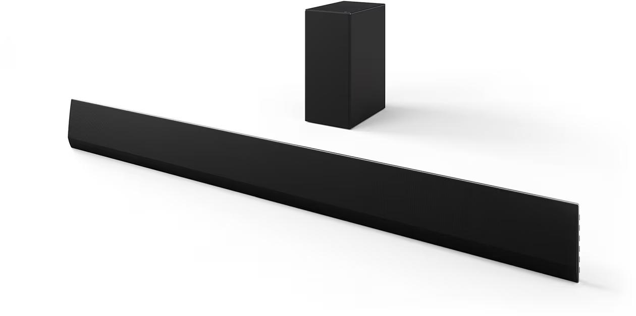 Schwarze Soundbar und Subwoofer auf weißem Hintergrund, nach rechts abgewinkelt.