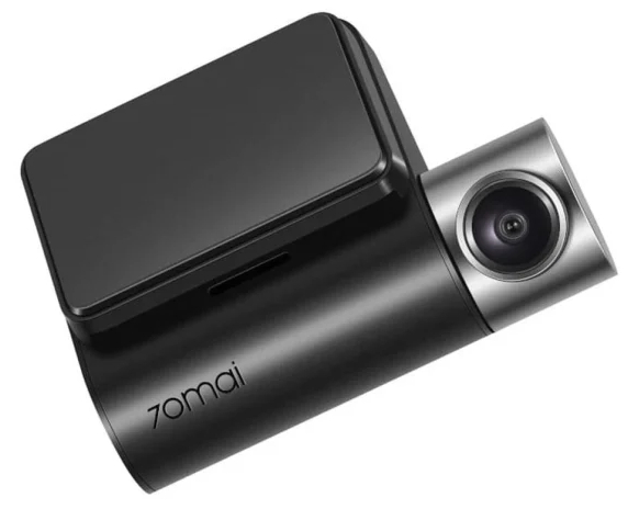 Czarna kamera samochodowa z srebrnym obiektywem. Widok pod kątem. Białe tło.