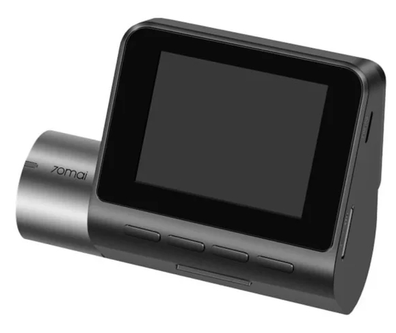 Czarna kamera samochodowa z ekranem i przyciskami, pochylona w prawo.